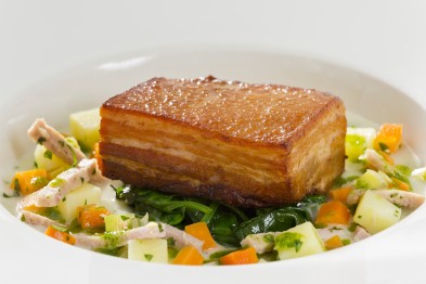 Dublin Coddle with Donovan’s Crisp Pork Belly, Sautéed Spinach and Parsley Oil